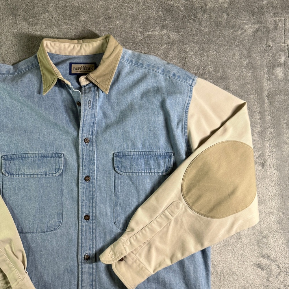 VTG Ruff Hewn Denim Colorblock Button Down Shirt Mens Med Made inUSA